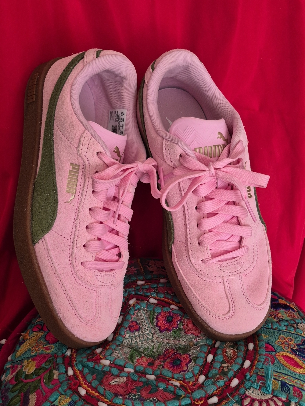 Puma Pink Womens Suede  Sneakers with Olive Side Stripe